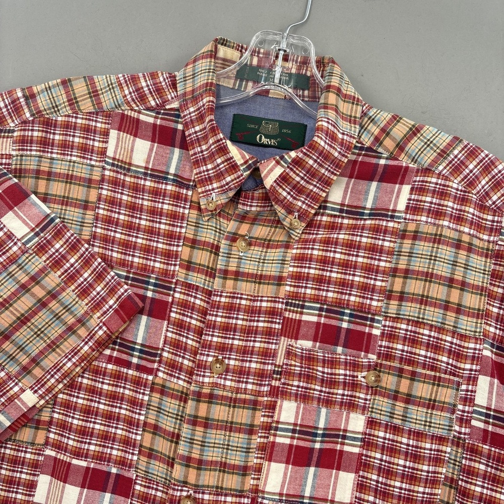 Orvis Shirt Mens Medium Red Madras Patchwork Plaid Button Down Cotton Preppy VTG